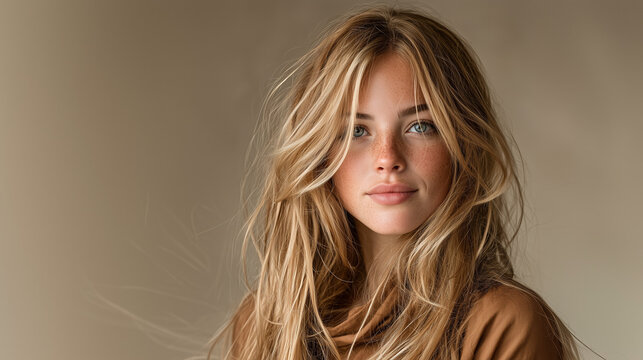Beautiful young woman with long wavy blonde hair wearing brown top, soft natural light studio portrait with neutral background highlighting effortless beauty and modern fashion