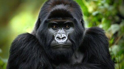 Obraz premium A critically endangered mountain gorilla gazing into the camera in its natural habitat.