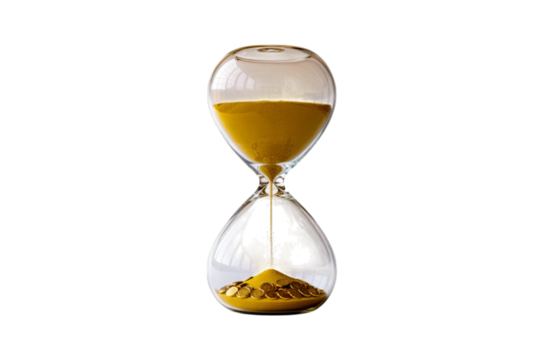 Hourglass With Gold Coins And Sand On Transparent Background