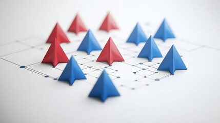Red and Blue Triangles on Grid Representing Strategy or Competition