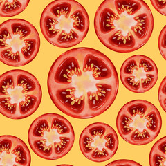 Tomato slices. Seamless watercolor pattern with fresh red tomatoes on a white background. Watercolor tomatoes. This hand-drawn botanical pattern is perfect for fabric, packaging and kitchen decor.