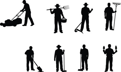 Obraz premium Silhouettes of gardeners and farmers using various gardening tools and equipment while working outdoors in different gardening and farming poses.