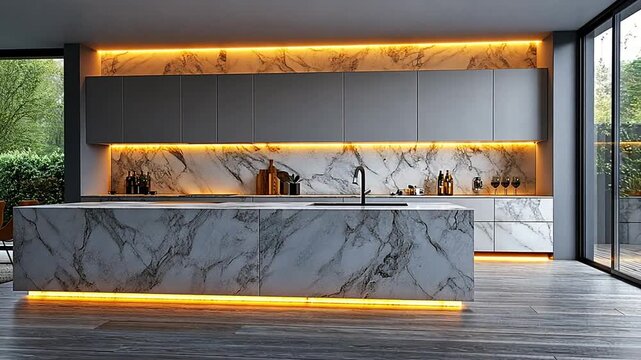 Modern kitchen with marble island and LED lighting