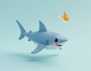 Naklejka premium Cute 3D Cartoon Shark and Butterfly Illustration