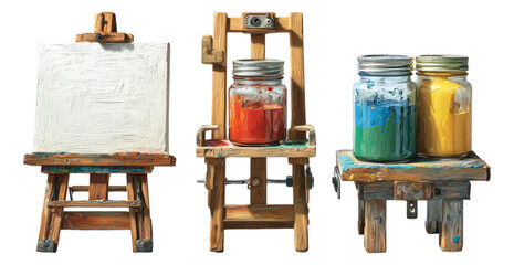 Creative Art Setup with Easel, Paint Jars, and Artistic Tools