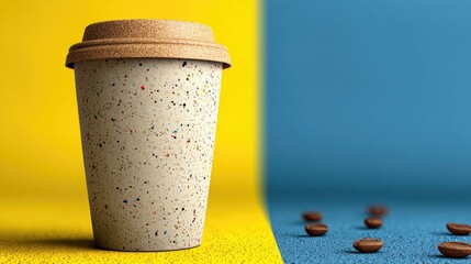 Colorful coffee cup on a yellow and blue background