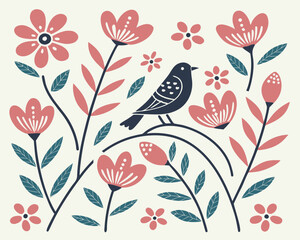 Charming Scandinavian folk art seamless pattern featuring birds, flowers, and decorative shapes in a flat, minimal style. Perfect for home decor, stationery, and fabric design.