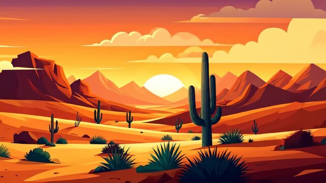 Animated Desert Sunrise Landscape with Cacti