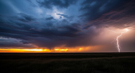 A dramatic and powerful thunderstorm with a bright lightning strike over a dark landscape at sunset a perfect image of nature's raw energy and stormy weather