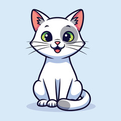 Fototapeta premium Cute cartoon white cat with green eyes and a grey spot sitting and smiling on a light blue background, a charming animal illustration.