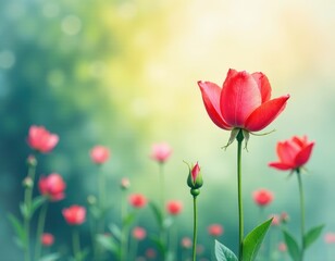 Obraz premium Vibrant Red Flower and Bud in Dreamy Garden with Soft Bokeh Background