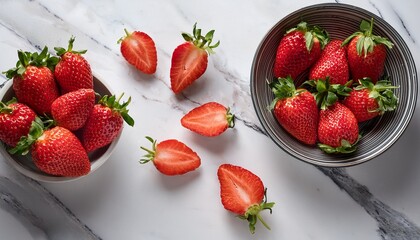 stunning hyper detailed overhead shot of ripe strawberries halved on a marble surface with a fresh bowl of strawberries nearby