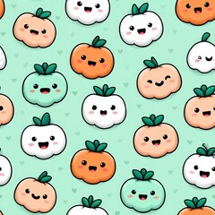 Fototapeta premium Cute Cartoon Pumpkin and Ghost Characters on Light Green Background