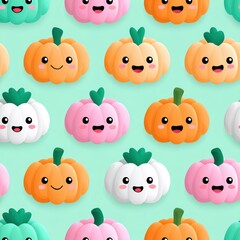Fototapeta premium Cute Cartoon Pumpkins with Smiling Faces on Bright Background