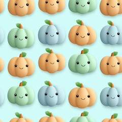 Fototapeta premium Cute Cartoon Pumpkins with Smiling Faces on Soft Blue Background