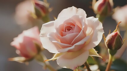 A delicate white rose in full bloom, surrounded by soft pink buds and green leaves under natural light.