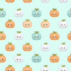 Obraz premium Cute Cartoon Pumpkins with Faces on a Soft Blue Background