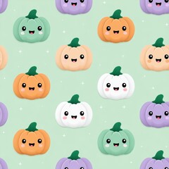 Fototapeta premium Cute Cartoon Pumpkins and Ghosts Pattern on Soft Mint Green Background