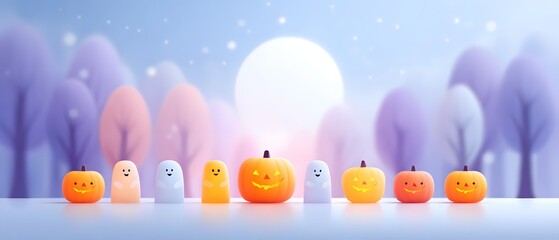 Obraz premium A whimsical Halloween scene featuring colorful pumpkins and playful ghosts against a dreamy pastel background with a large moon.