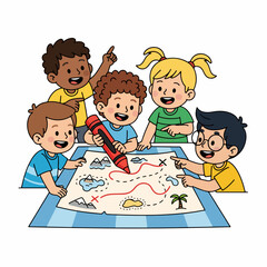 Cartoon Smiling Children Drawing a Treasure Map Together on Table