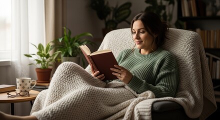 A woman in a green sweater reading a book in a cozy armchair with a blanket and a cup of tea.