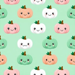 Cute Cartoon Pumpkins and Ghosts Pattern on Mint Background