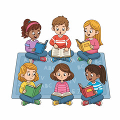 Cartoon Colorful Illustration of Children Reading Books Together in Group
