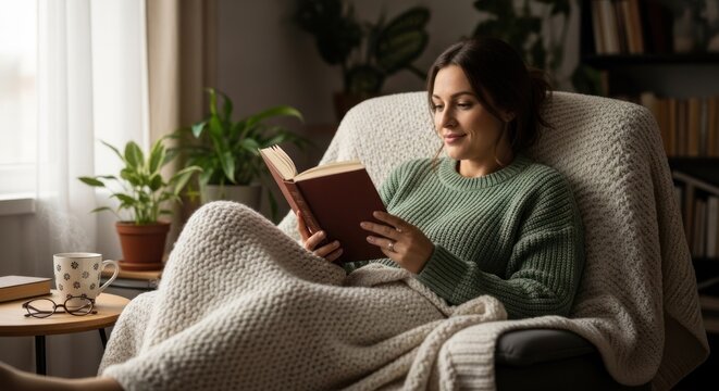 A woman in a green sweater reading a book in a cozy armchair with a blanket and a cup of tea.