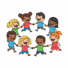 Flat Illustration Cheerful Children Forming a Circle Holding Hands Together