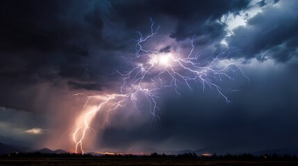 Dramatic lightning strikes illuminate a vast, dark sky filled with ominous clouds over a landscape at night.