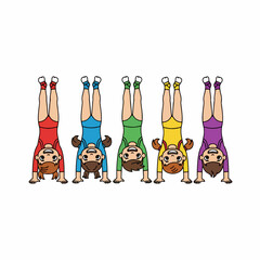 Colorful Cartoon Upside Down Handstand Gymnastics Diverse Team Illustration