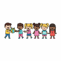 Flat Illustration Group of Diverse Children Playing Together with a Ball