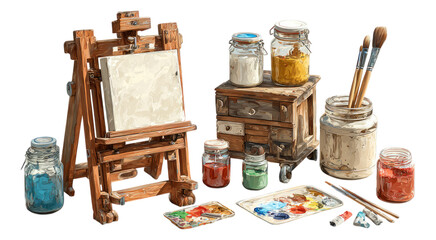 Art Supplies Setup with Easel, Paints, and Brushes on Transparent Background