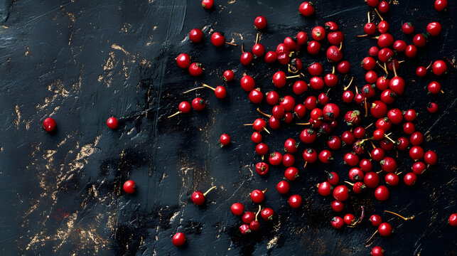 Clusters of Tasmanian pepper berries scattered unevenly on a dark matte surface, with their deep black tones catching light.