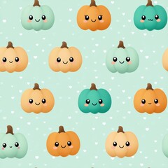 Fototapeta premium Cute Cartoon Pumpkins with Smiling Faces on Light Green Background