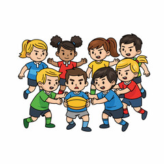 Cute Handdrawn Group of Children Playing Rugby Sport Illustration