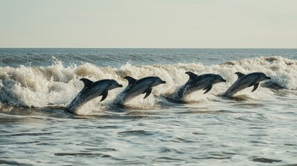 Obraz premium A group of dolphins leaping through the waves in the ocean with smiles.