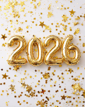 Gold 2026 celebration graphic, Happy New Year. Party confetti background.