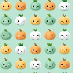 Fototapeta premium Cute Cartoon Pumpkins and Squashes Pattern on Soft Green Background