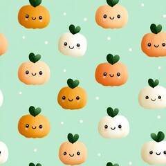 Fototapeta premium Cute Cartoon Pumpkin Characters with Smiling Faces on Green Background