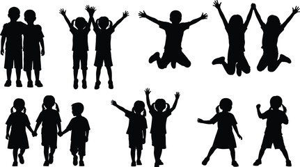 Silhouettes of playful children jumping, dancing, and holding hands – perfect vector illustration for childhood, fun, education, and activity themes.