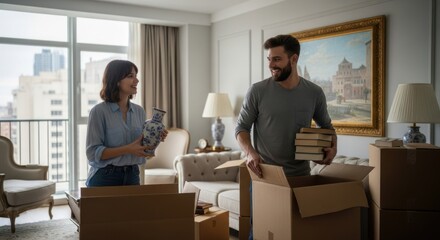 A couple moving into a new home, carrying boxes and books.