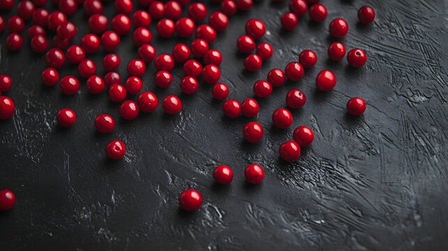 Clusters of Tasmanian pepper berries scattered unevenly on a dark matte surface, with their deep black tones catching light.