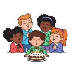 Cartoon Flat Illustration Group of Children Celebrating Birthday with Cake