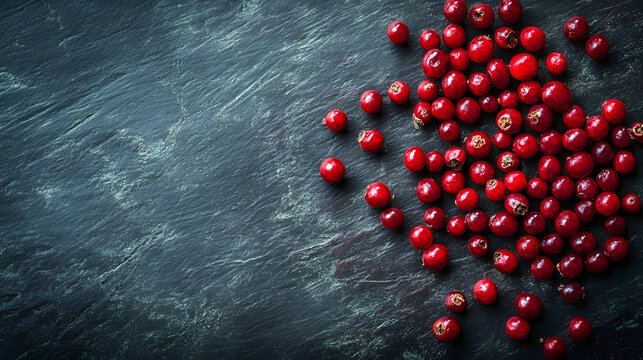 Clusters of Tasmanian pepper berries scattered unevenly on a dark matte surface, with their deep black tones catching light.