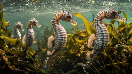 Fototapeta premium A group of seahorses swimming elegantly through the seaweed.
