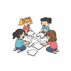 Colorful Handdrawn Group Of Kids Solving Jigsaw Puzzle Illustration Art