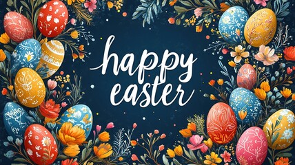 Easter decoration with patterned eggs and floral border, happy easter text in script font on dark blue textured background with glowing dots