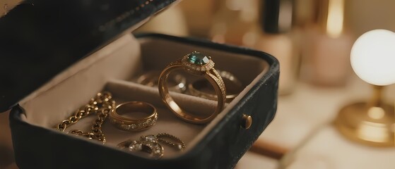 Elegant jewelry box containing rings and a necklace, set against a softly lit background.