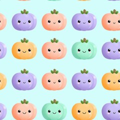 Obraz premium Cute Cartoon Pumpkins with Faces on Light Blue Background Pattern